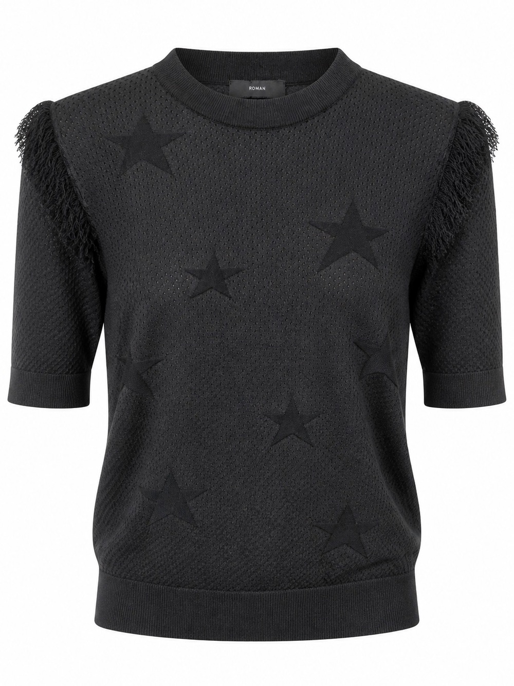 ROMAN Black Star-Pattern Short Sleeve Fringe-Trim Pullover